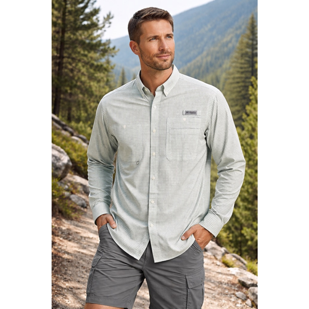 Columbia Mens PFG Sun Protection Button Down Shirt XL White Green Plaid